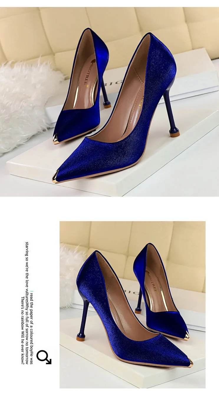 Fashion Satin Womens Pumps Sexy Ladies Shoes Metal Pointed Toe Stiletto Shallow Party Shoes Luxury Women Heel Classic High Heel