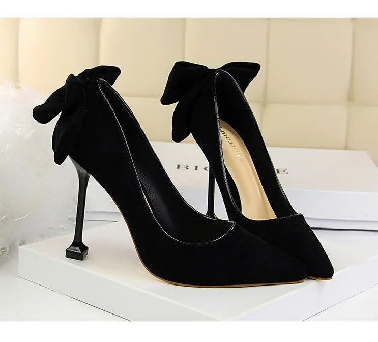 Fashion Bowknot Womens Pumps Suede Shallow High Heels Sexy Women Shoes Pointed Toe Stiletto New BIGTREE Heel Comfort Party Shoe