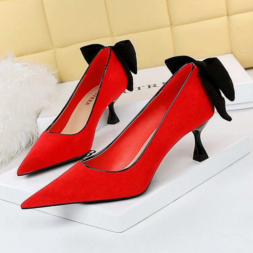 Fashion Bowknot Women's Pumps Suede Shallow High Heels Sexy Women Shoes Pointed Toe Stiletto New BIGTREE Heel Comfort Party Shoe