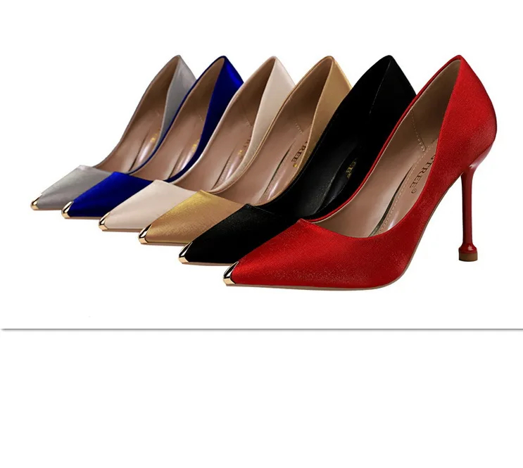 Fashion Satin Womens Pumps Sexy Ladies Shoes Metal Pointed Toe Stiletto Shallow Party Shoes Luxury Women Heel Classic High Heel