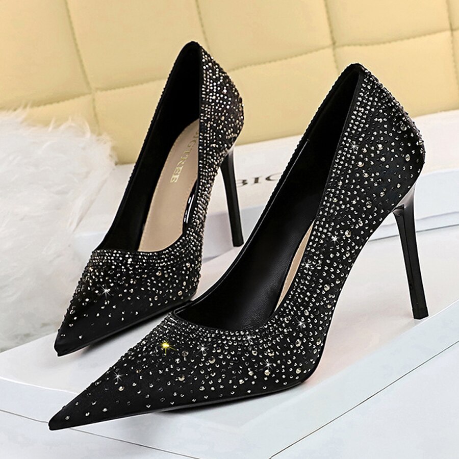 Shiny Rhinestones Women's Pumps Sexy Female Shoes Stain Shllow High Heels Pointed Toe Wedding Shoes Luxury Stiletto Plus Size 43