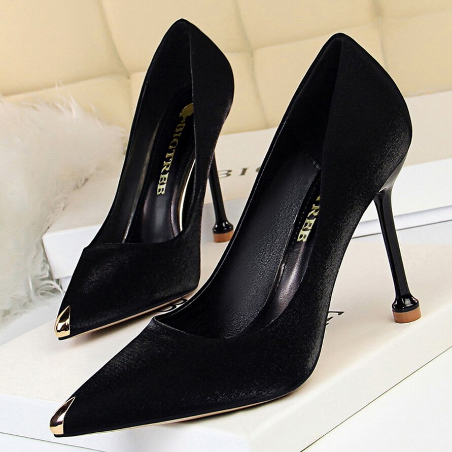 Fashion Satin Women's Pumps Sexy Ladies Shoes Metal Pointed Toe Stiletto Shallow Party Shoes Luxury Women Heel Classic High Heel