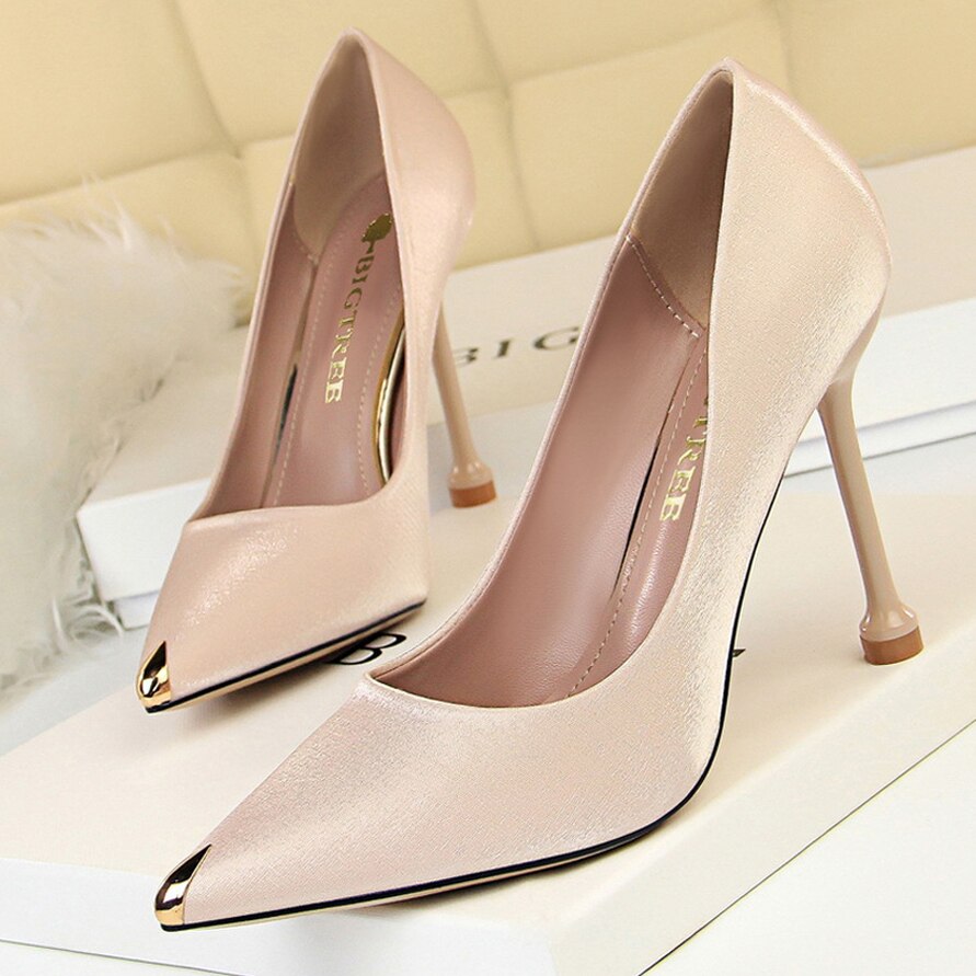 Fashion Satin Women's Pumps Sexy Ladies Shoes Metal Pointed Toe Stiletto Shallow Party Shoes Luxury Women Heel Classic High Heel