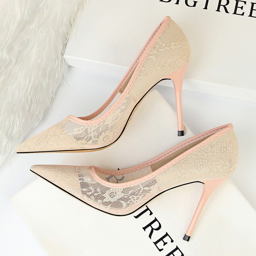 2023 New Mesh Women Pumps Fashion Lady Shoes Lace High Heels Sexy Party Shoes Luxury Pointed Toe Stiletto Classic BIGTREE Heels