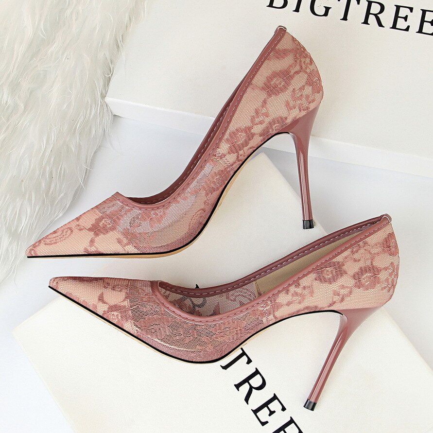 2023 New Mesh Women Pumps Fashion Lady Shoes Lace High Heels Sexy Party Shoes Luxury Pointed Toe Stiletto Classic BIGTREE Heels