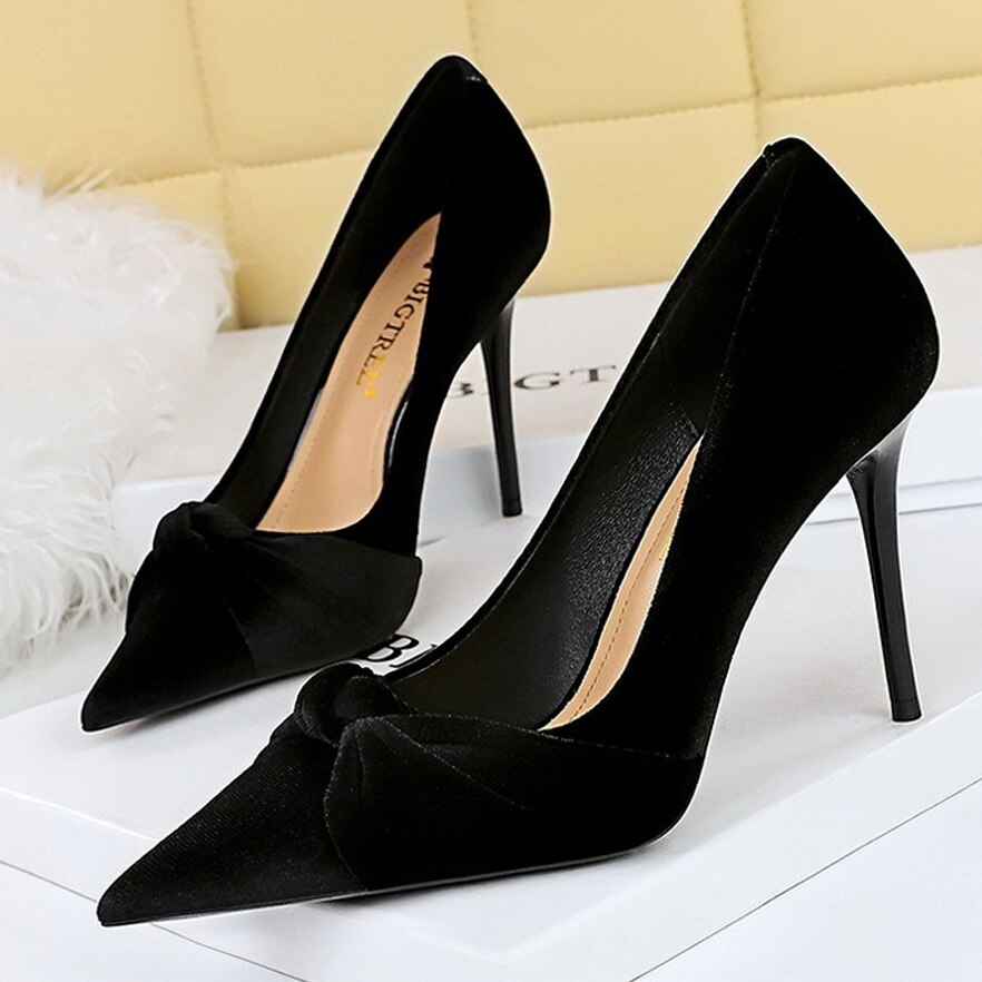 Fashion Women's Pumps Suede Lady Shoes Pointed Toe Shallow High Heels Bowknot Party Shoes Classic Stiletto Elegant Women Heels