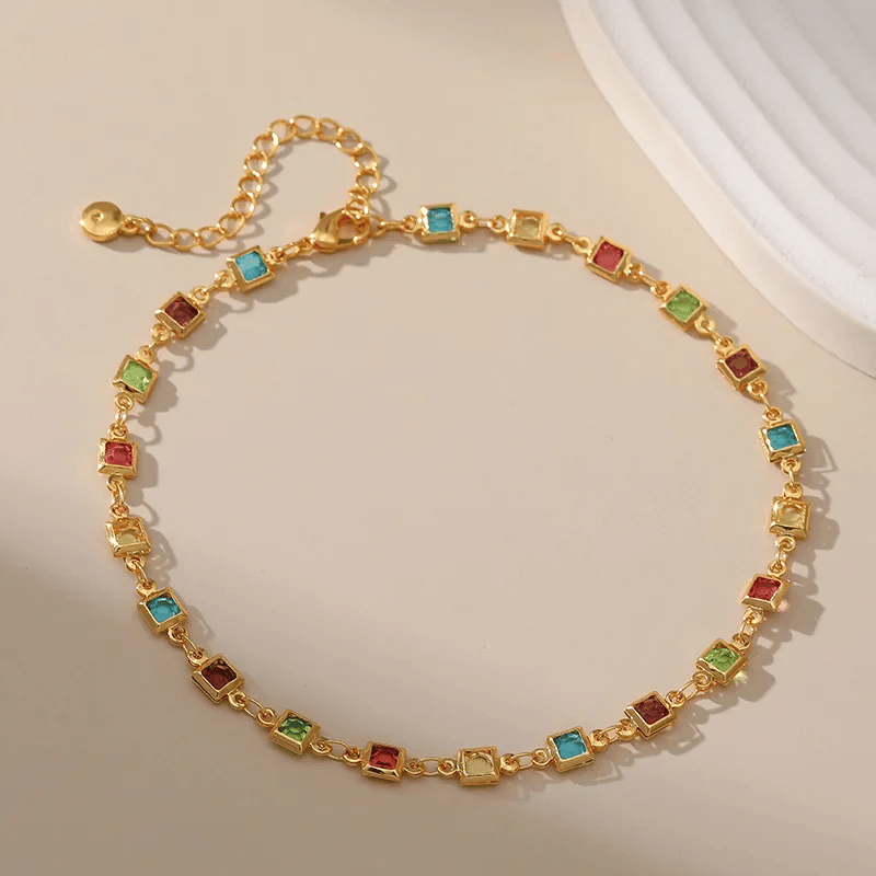 Adjustable Length Square Wrapped Colored Zircon Anklet Women Fashion 18K Gold Plated Metal Link Chain Anklets for Girls