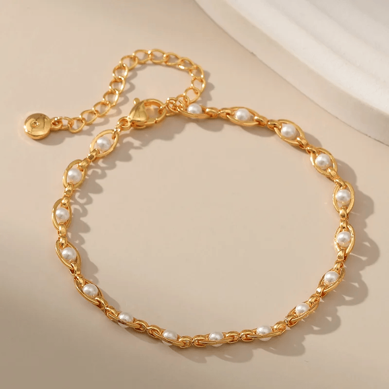 Women Elegant 18K Gold Plated Metal Link Chain Anklets for Girls Adjustable Length Delicate White Imitation Pearl Anklet