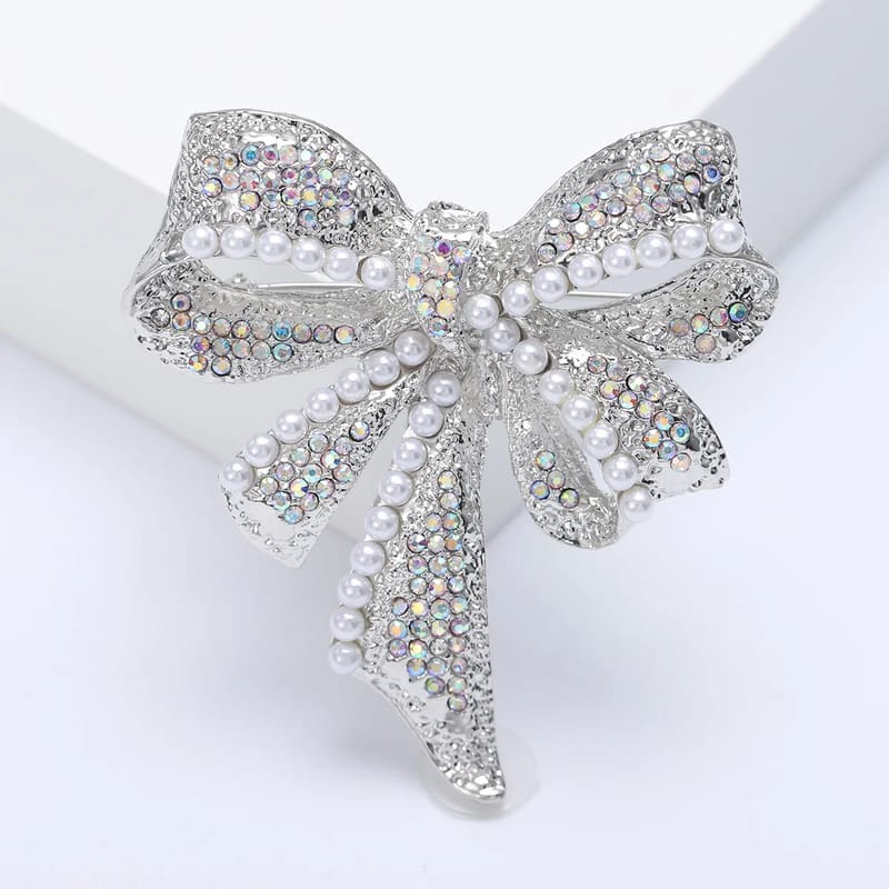 High-grade Exquisite Pearl Rhinestone Bow Brooch Vintage Fashion Temperament Women's Clothing Accessories