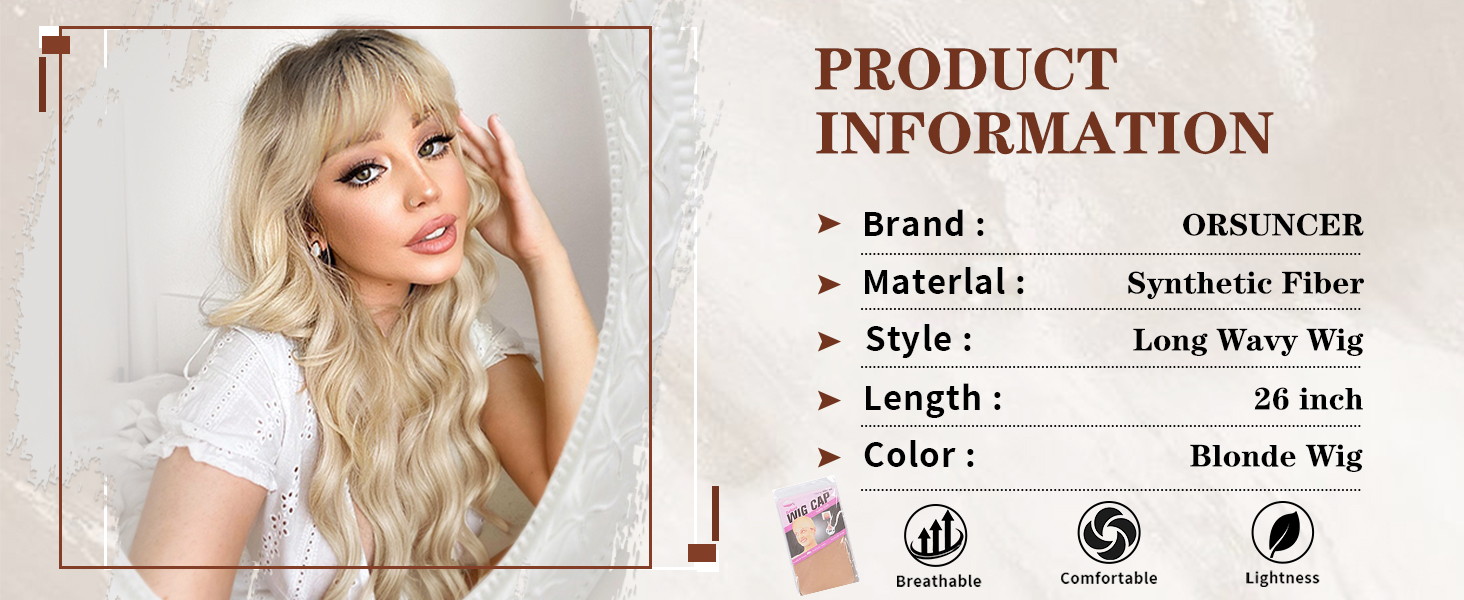 Blonde Wigs with Bangs Long Wavy Curly Ombre Blonde Wig Natural Looking Synthetic Heat Resistant Hair Wigs for Daily Party Wig 26 Inches