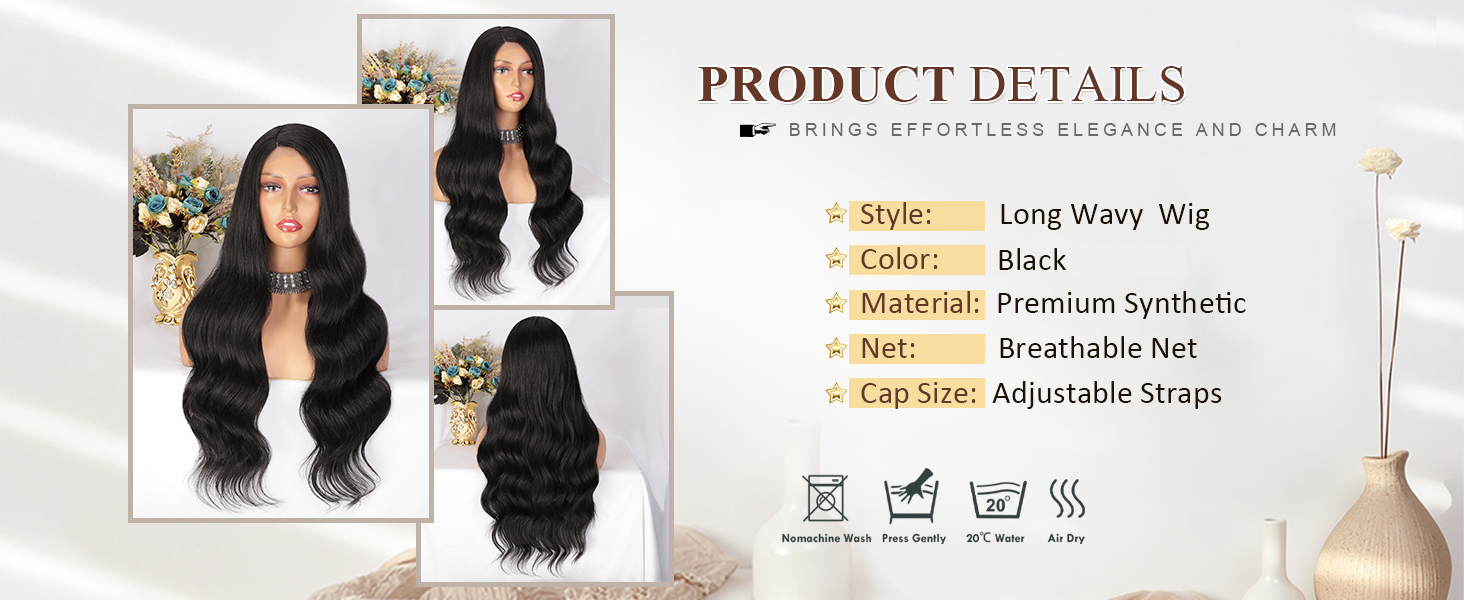 Long Black Wavy Wigs for Women Side Part Black Wig Natural Looking Synthetic Heat Resistant Fiber Wigs Hair for Daily Party Use
