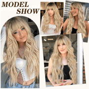 Blonde Wigs with Bangs Long Wavy Curly Ombre Blonde Wig Natural Looking Synthetic Heat Resistant Hair Wigs for Daily Party Wig 26 Inches