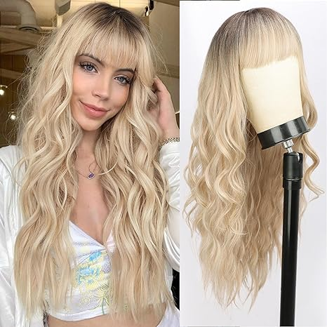 Blonde Wigs with Bangs Long Wavy Curly Ombre Blonde Wig Natural Looking Synthetic Heat Resistant Hair Wigs for Daily Party Wig 26 Inches