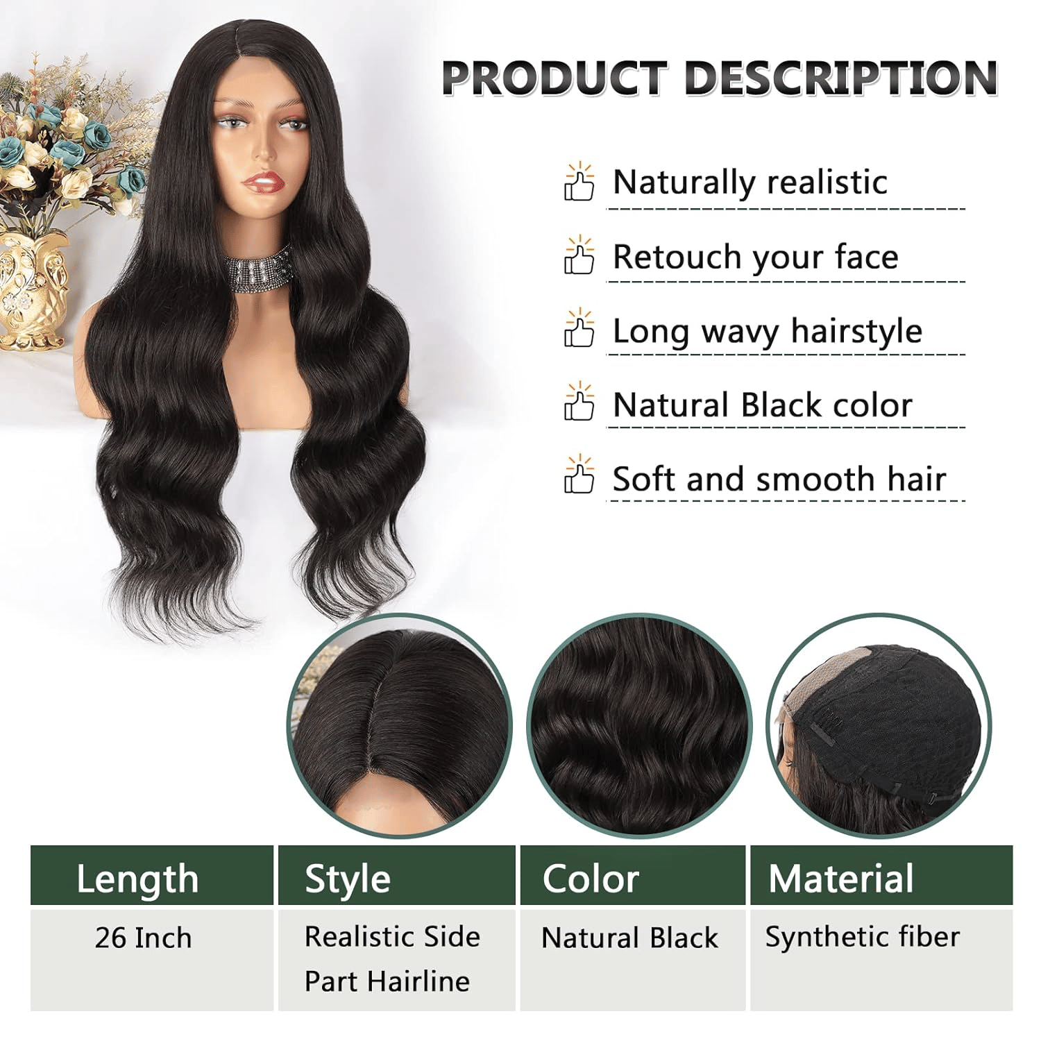 Long Black Wavy Wigs for Women Side Part Black Wig Natural Looking Synthetic Heat Resistant Fiber Wigs Hair for Daily Party Use