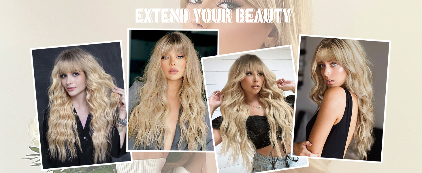 Blonde Wigs with Bangs Long Wavy Curly Ombre Blonde Wig Natural Looking Synthetic Heat Resistant Hair Wigs for Daily Party Wig 26 Inches