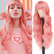 Awahair Pink Wig with Bangs Pink Wig for Women Synthetic 30 Inch Long Wavy Wigs Halloween Cosplay Wig Daily Party Use (Pink,30 Inch)