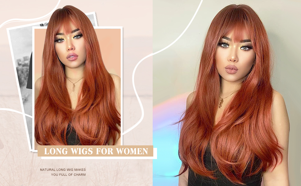Long Wig with Bangs for Women Natural Synthetic Hair Wig Heat Resistant Fiber Auburn Wig for Daily Party
