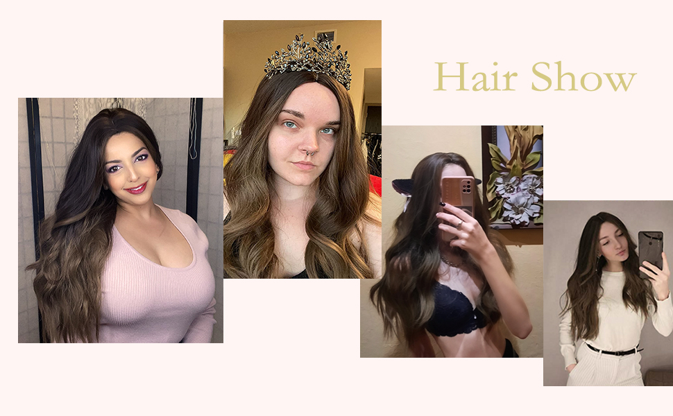 Brown Wig for Women Long Curly Wig Natural Brunette Wigs Middle Part Heat Resistant Synthetic 26 Inch Wig