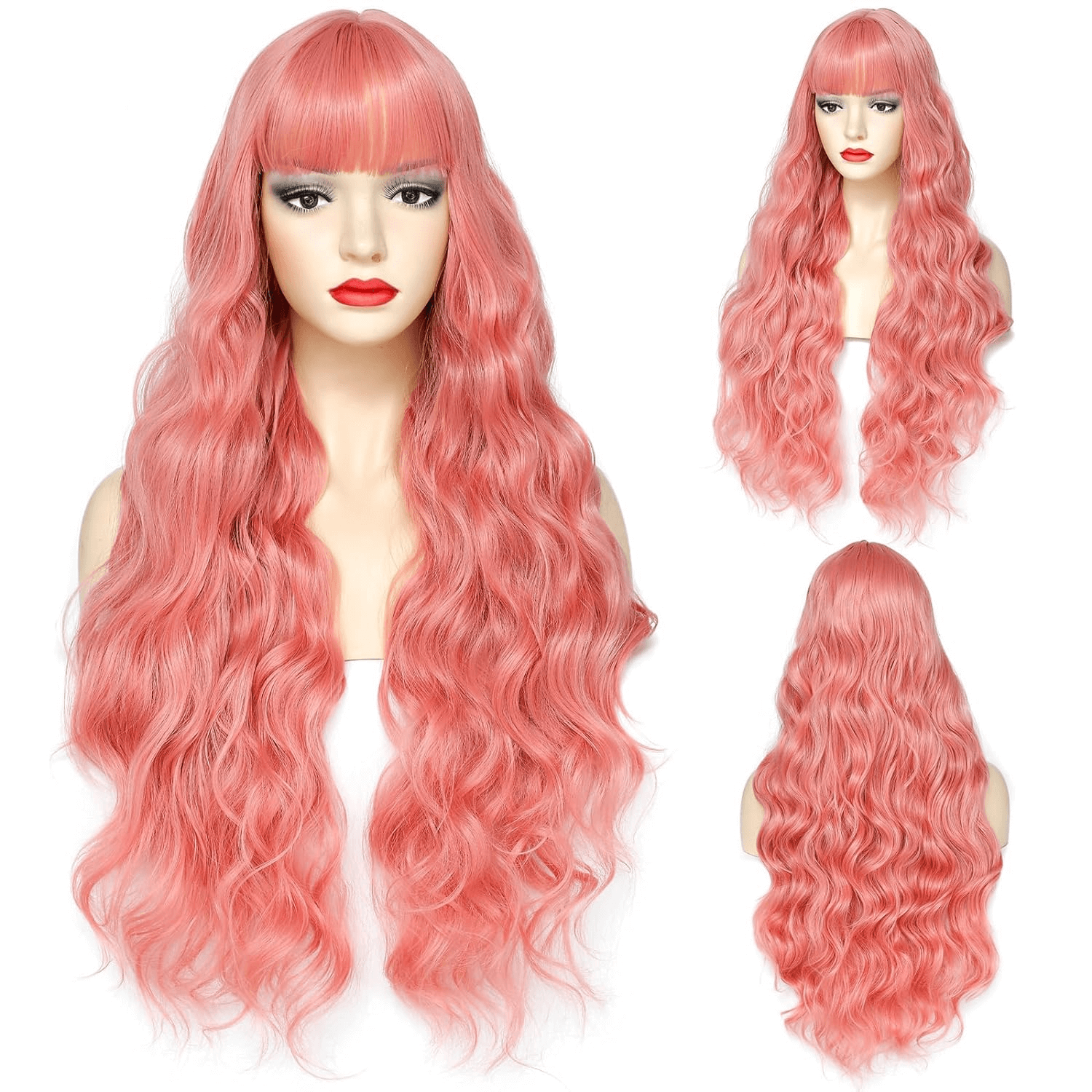 Awahair Pink Wig with Bangs Pink Wig for Women Synthetic 30 Inch Long Wavy Wigs Halloween Cosplay Wig Daily Party Use (Pink,30 Inch)
