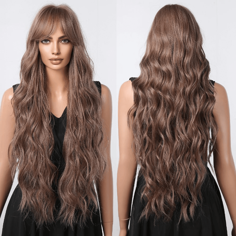 lovetime Long Brown Wigs for Women Curly Synthetic Hair Wig with Side Bangs Heat Resistant Fiber Fake Hair for Daily Use