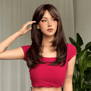 Long Brown Wigs for Women,Synthetic Layered Hair with Highlight Wig with Bangs