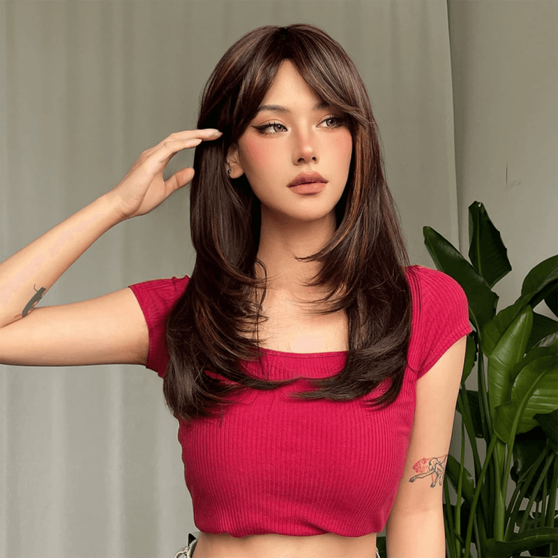 Long Brown Wigs for Women,Synthetic Layered Hair with Highlight Wig with Bangs