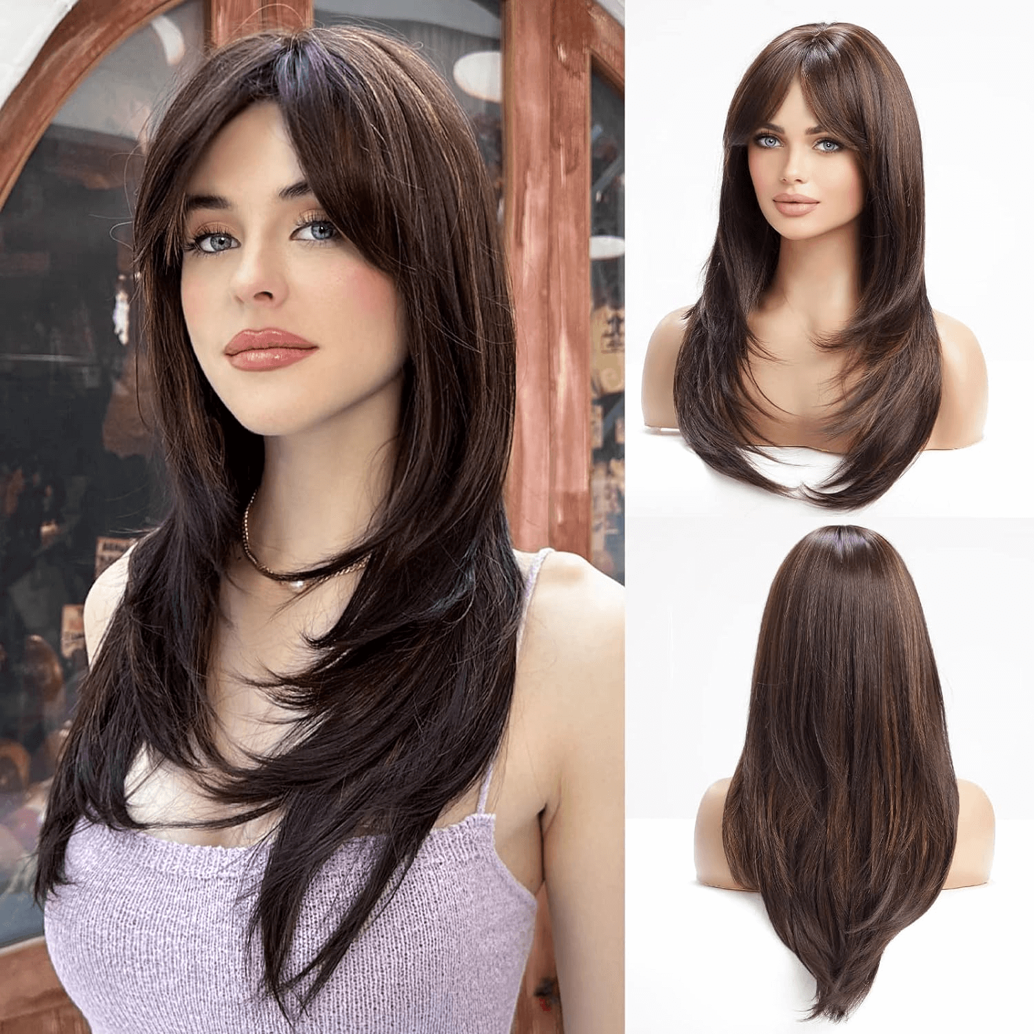 Long Brown Wigs for Women,Synthetic Layered Hair with Highlight Wig with Bangs