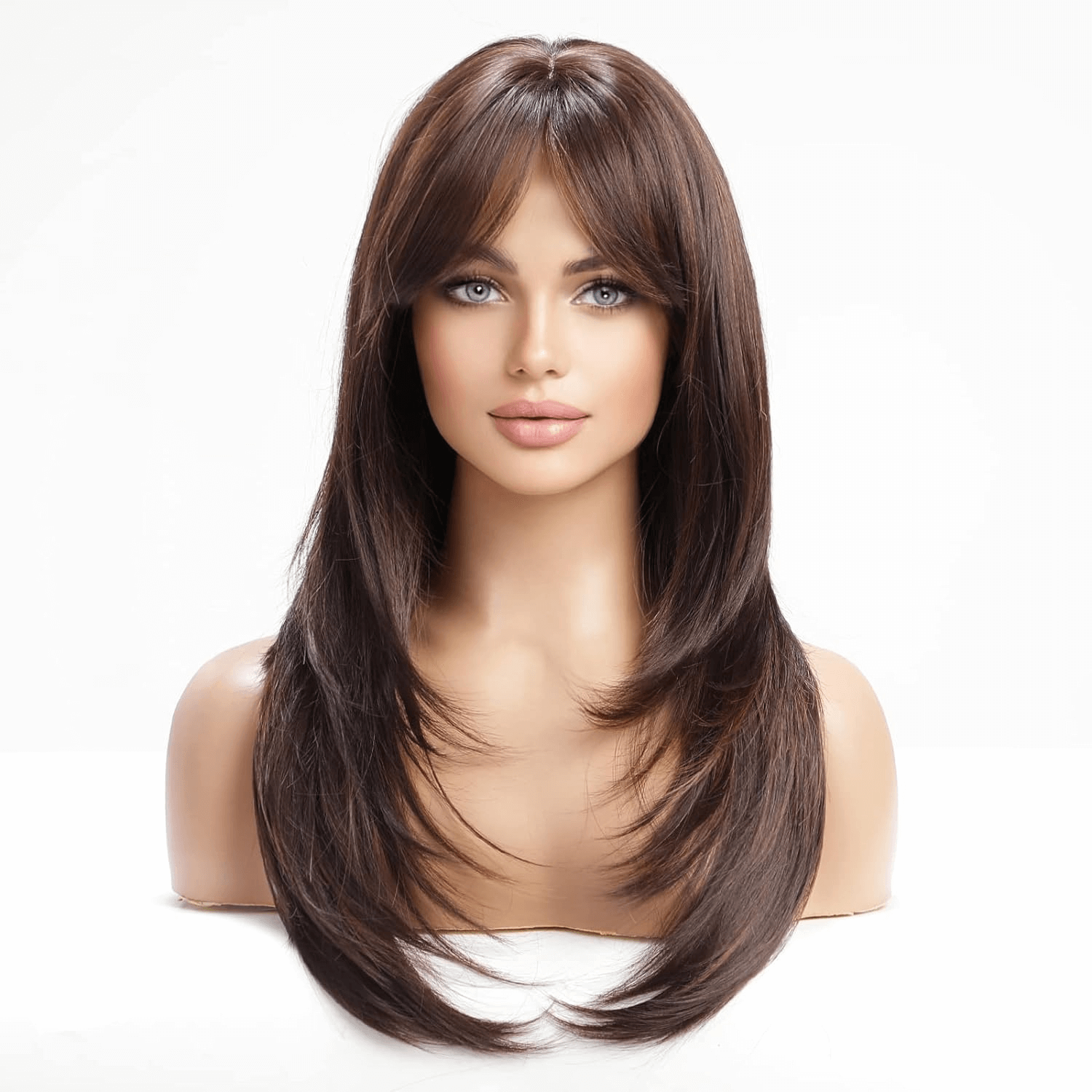 Long Brown Wigs for Women,Synthetic Layered Hair with Highlight Wig with Bangs