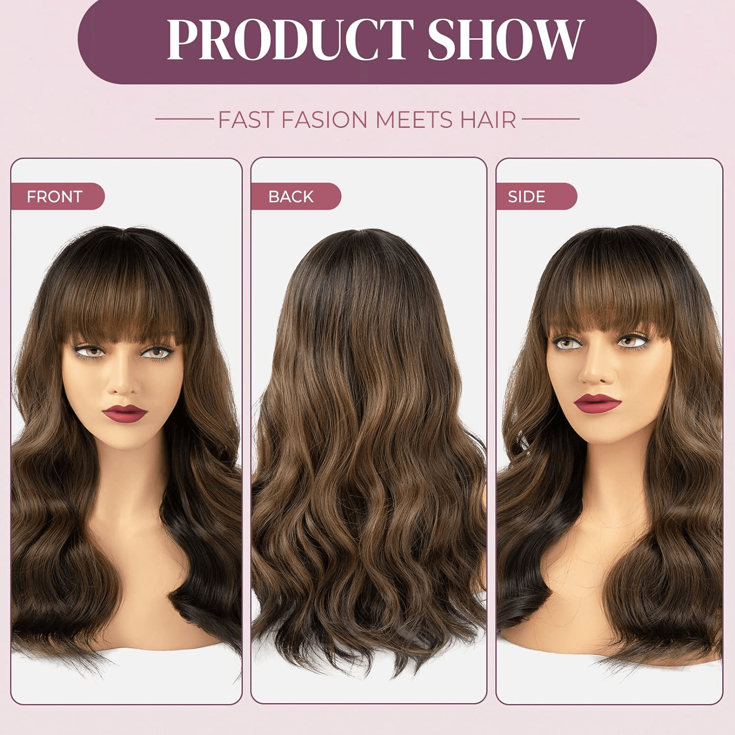 Long Wavy Blonde Wig with Curtain Bangs for Women, Dark Brown Mixed Caramel Brown Synthetic Hair Piece for Daily Use Party