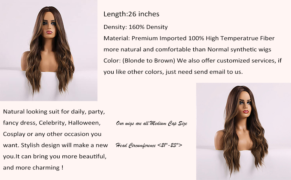Brown Wig for Women Long Curly Wig Natural Brunette Wigs Middle Part Heat Resistant Synthetic 26 Inch Wig