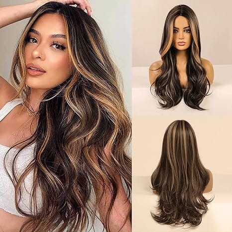 Brown Wig for Women Long Curly Wig Natural Brunette Wigs Middle Part Heat Resistant Synthetic 26 Inch Wig