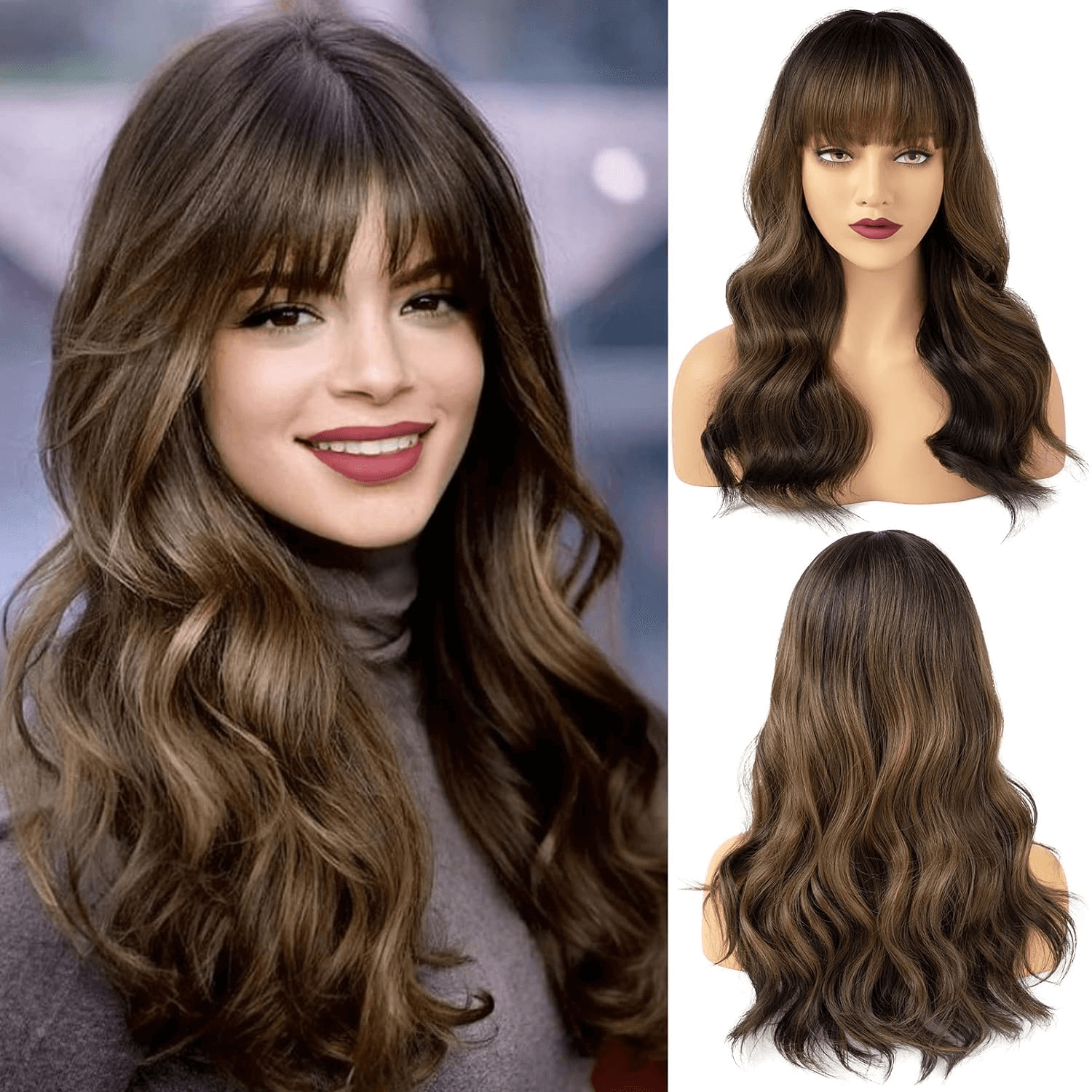Long Wavy Blonde Wig with Curtain Bangs for Women, Dark Brown Mixed Caramel Brown Synthetic Hair Piece for Daily Use Party