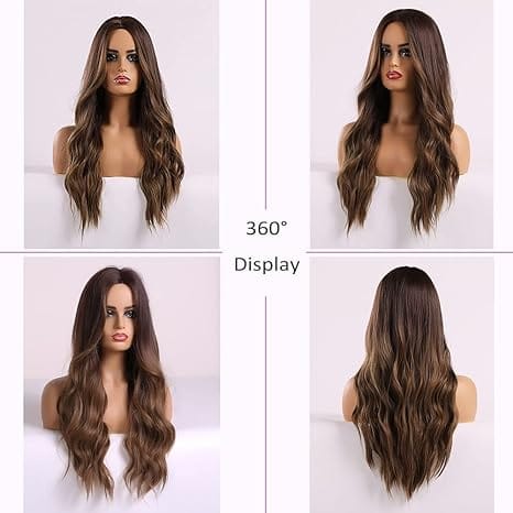 Brown Wig for Women Long Curly Wig Natural Brunette Wigs Middle Part Heat Resistant Synthetic 26 Inch Wig