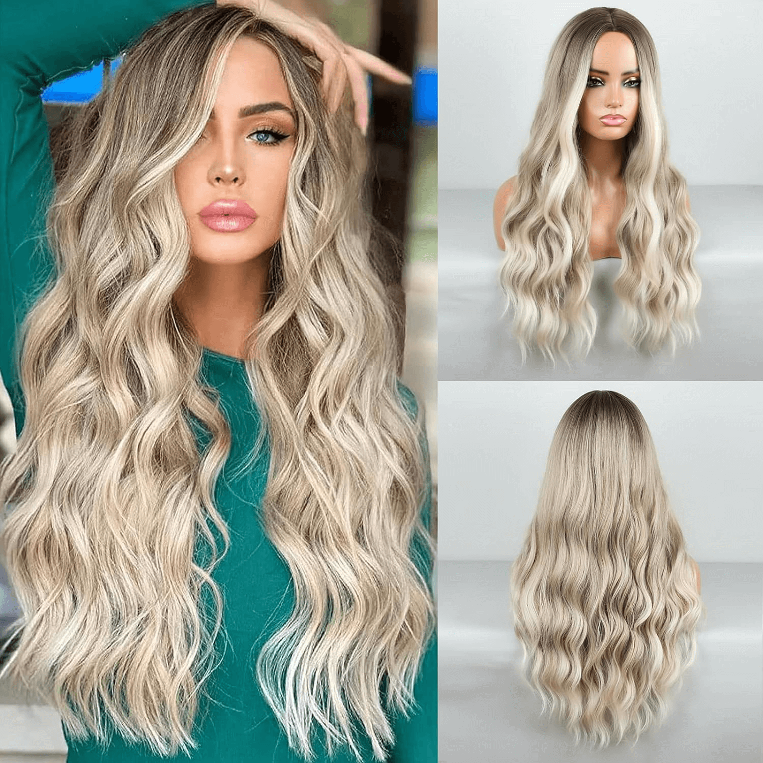 Ombre Strawberry Blonde Wig Long Wavy Wigs For Women Middle Part Wavy Wigs Synthetic Heat Resistant Party Wigs Natural looking