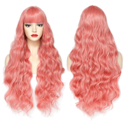 Awahair Pink Wig with Bangs Pink Wig for Women Synthetic 30 Inch Long Wavy Wigs Halloween Cosplay Wig Daily Party Use (Pink,30 Inch)