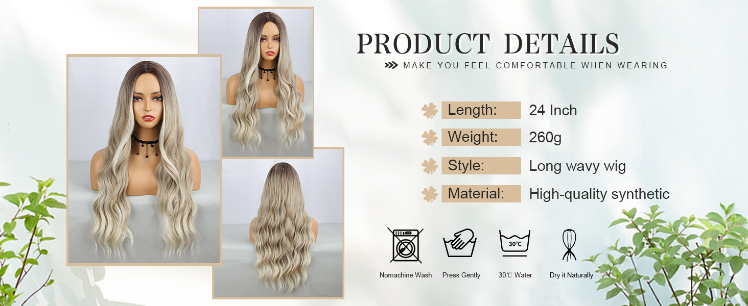 Ombre Strawberry Blonde Wig Long Wavy Wigs For Women Middle Part Wavy Wigs Synthetic Heat Resistant Party Wigs Natural looking