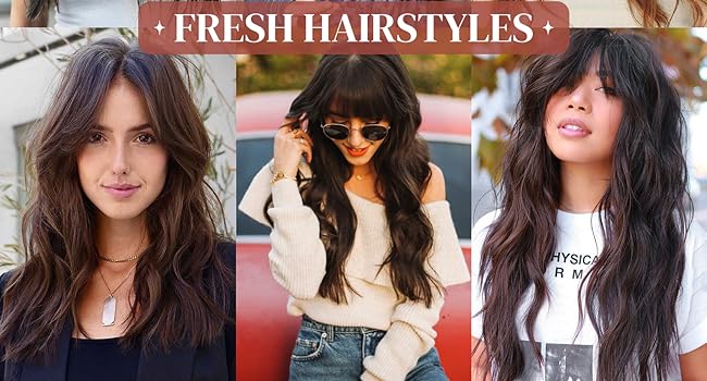 Long Wavy Blonde Wig with Curtain Bangs for Women, Dark Brown Mixed Caramel Brown Synthetic Hair Piece for Daily Use Party