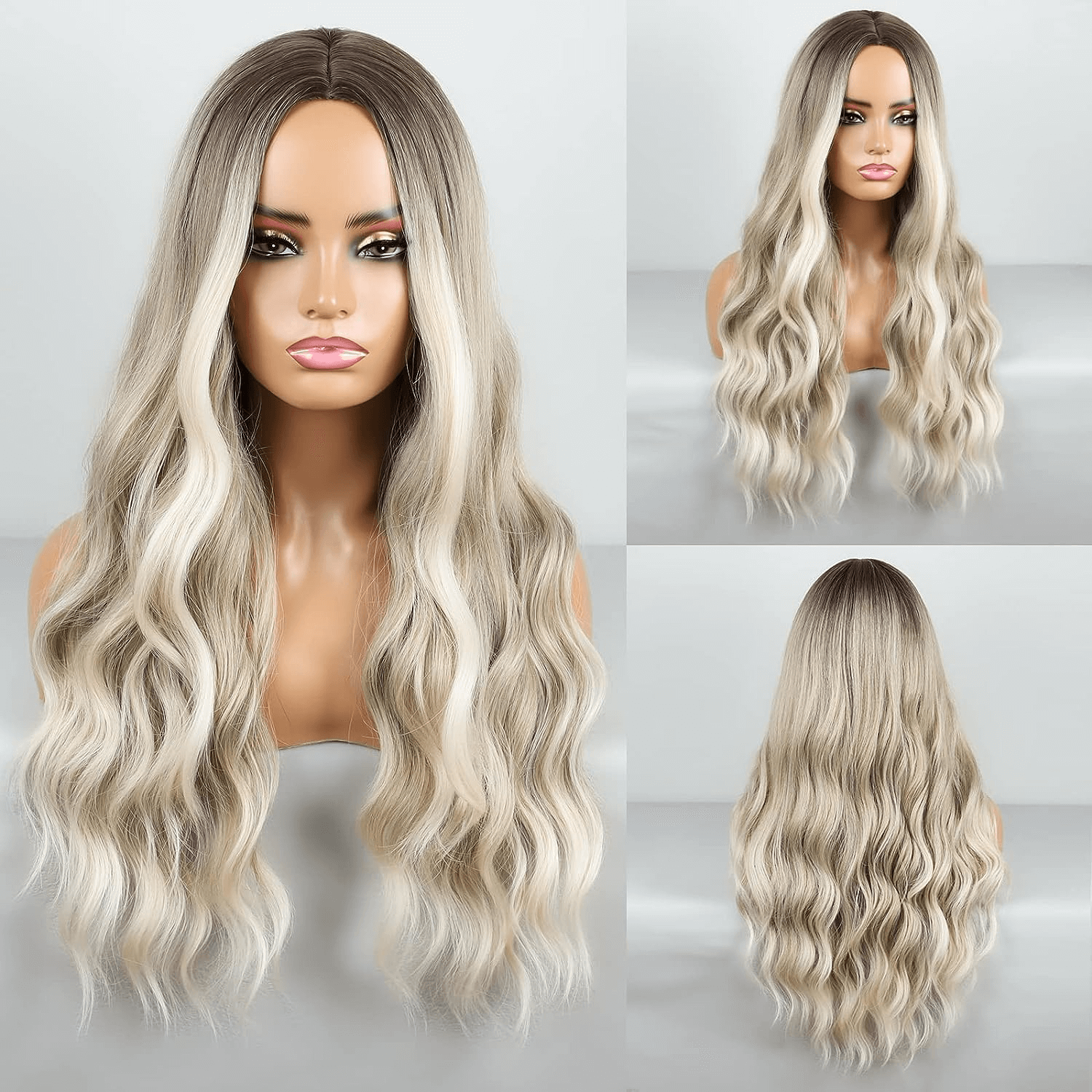 Ombre Strawberry Blonde Wig Long Wavy Wigs For Women Middle Part Wavy Wigs Synthetic Heat Resistant Party Wigs Natural looking