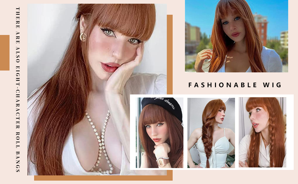 Long Wig with Bangs for Women Natural Synthetic Hair Wig Heat Resistant Fiber Auburn Wig for Daily Party