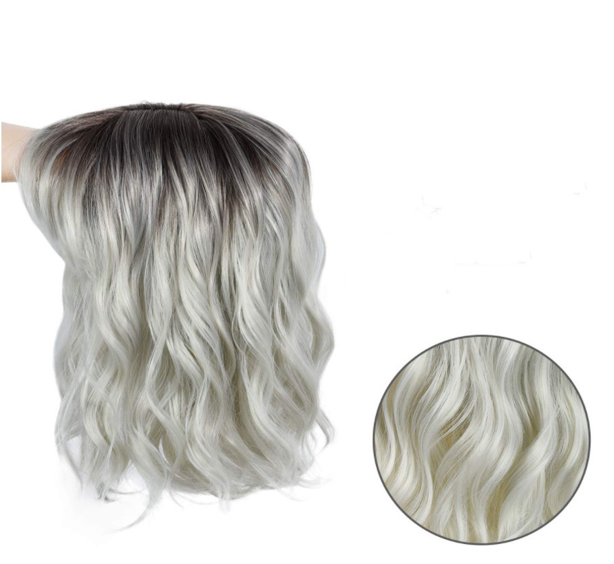 Wig Womens Short Curly Hair Gradient Silver Grey Rose Mesh Chemical Fiber Wig Headcover