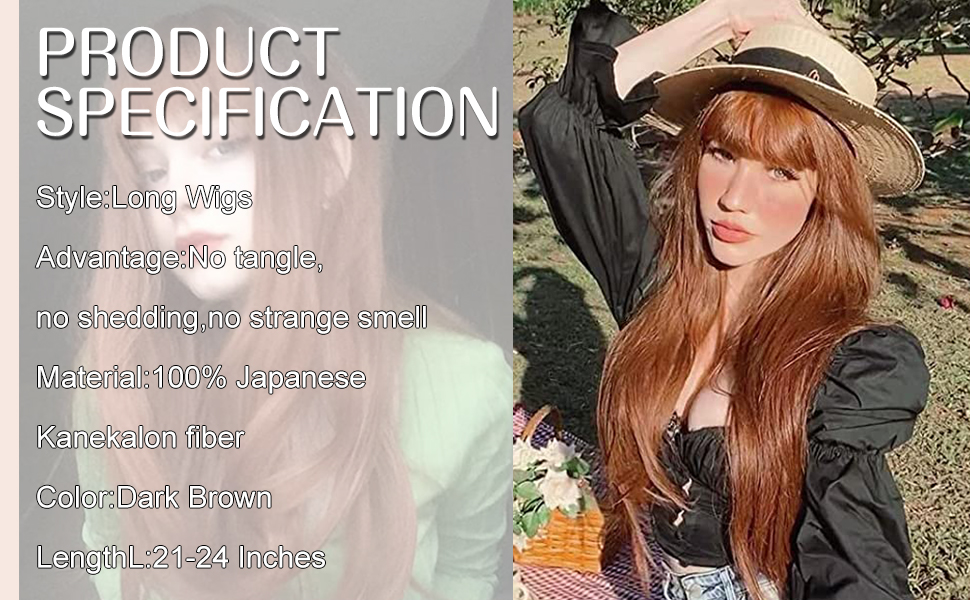 Long Wig with Bangs for Women Natural Synthetic Hair Wig Heat Resistant Fiber Auburn Wig for Daily Party