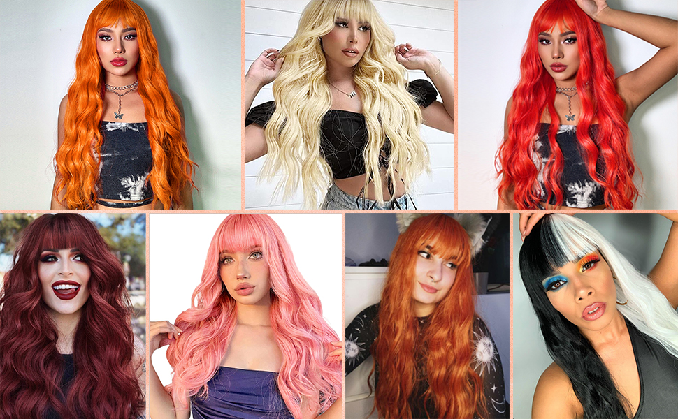 Awahair Pink Wig with Bangs Pink Wig for Women Synthetic 30 Inch Long Wavy Wigs Halloween Cosplay Wig Daily Party Use (Pink,30 Inch)