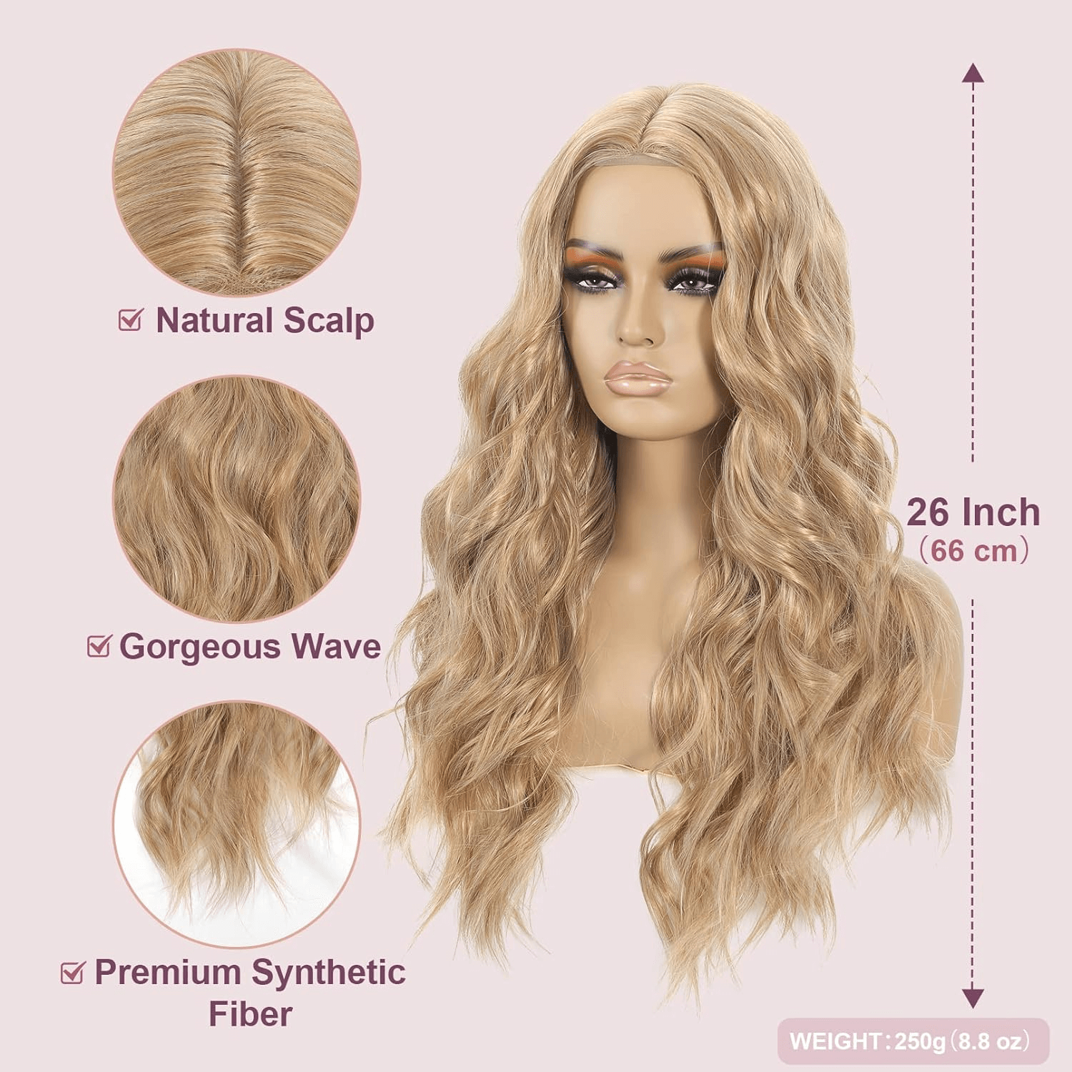 Blonde Long Wavy Wig for Women, Body Wave 26