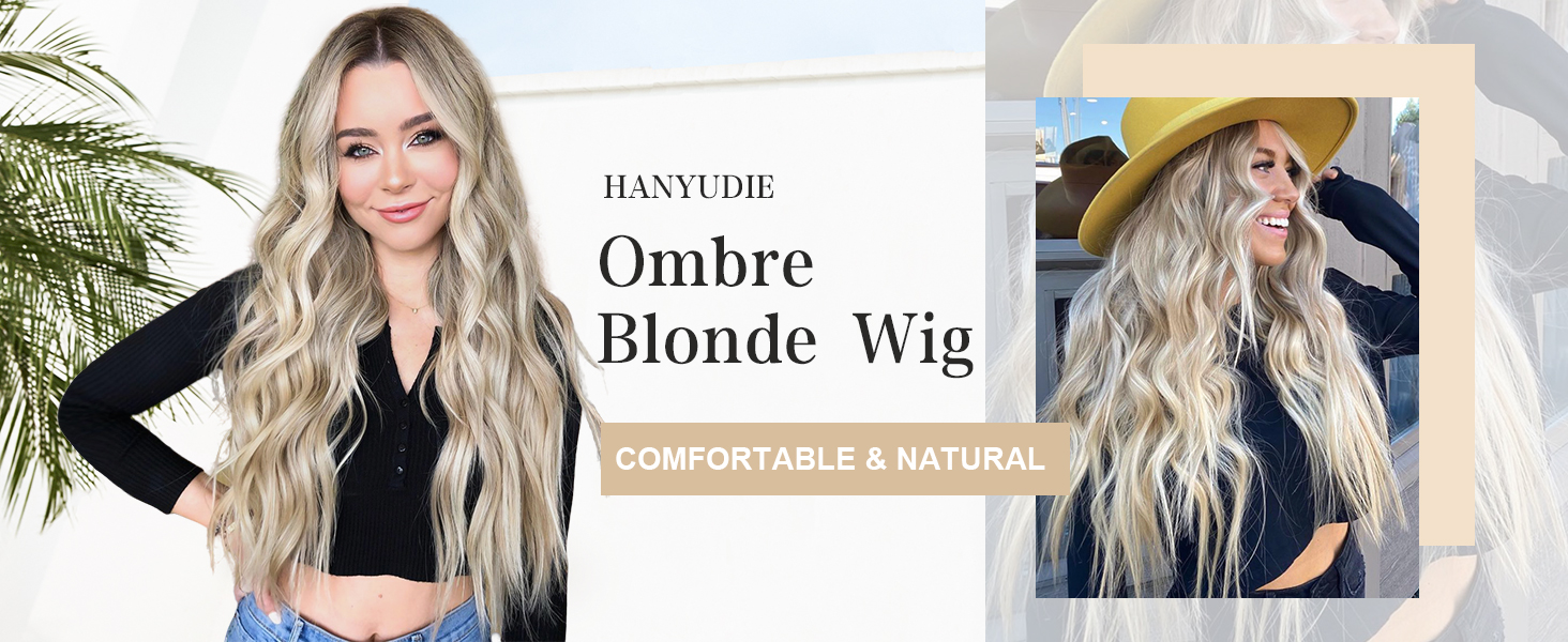 Ombre Strawberry Blonde Wig Long Wavy Wigs For Women Middle Part Wavy Wigs Synthetic Heat Resistant Party Wigs Natural looking