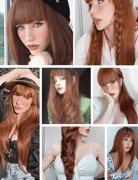 Long Wig with Bangs for Women Natural Synthetic Hair Wig Heat Resistant Fiber Auburn Wig for Daily Party