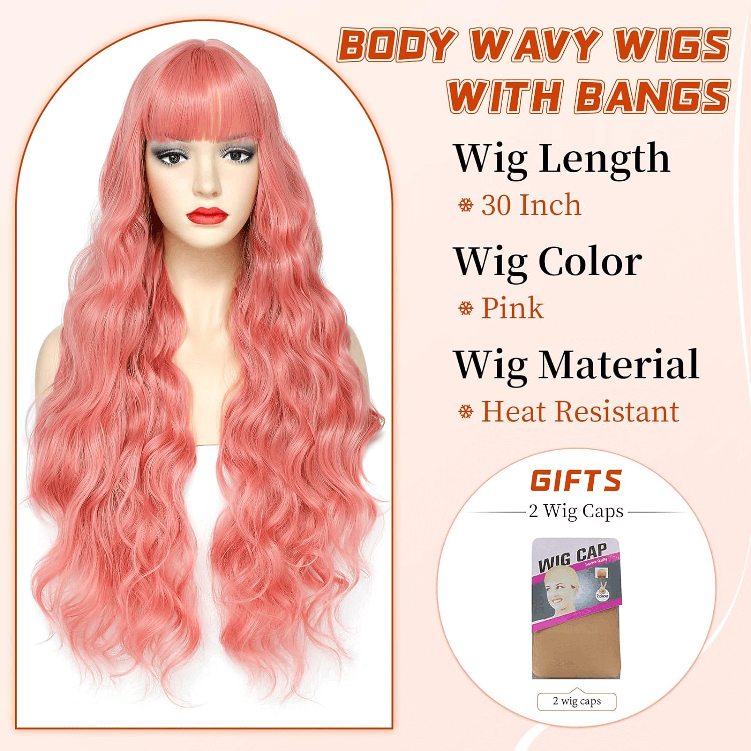Awahair Pink Wig with Bangs Pink Wig for Women Synthetic 30 Inch Long Wavy Wigs Halloween Cosplay Wig Daily Party Use (Pink,30 Inch)