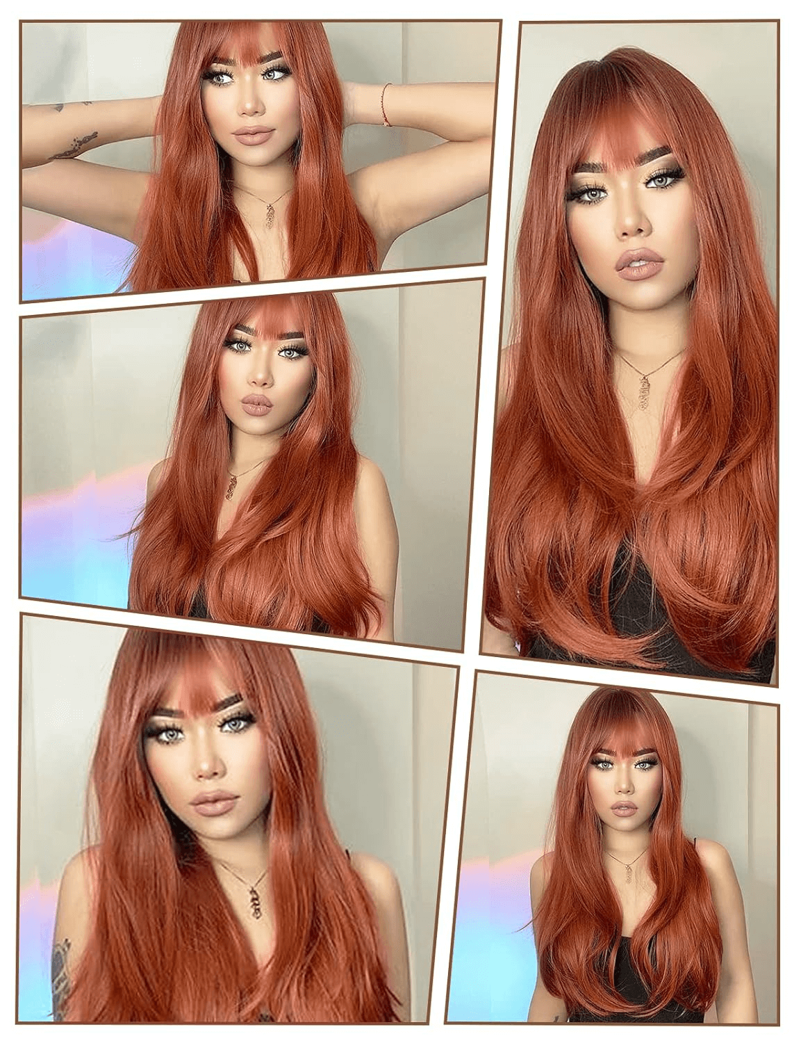 Long Wig with Bangs for Women Natural Synthetic Hair Wig Heat Resistant Fiber Auburn Wig for Daily Party