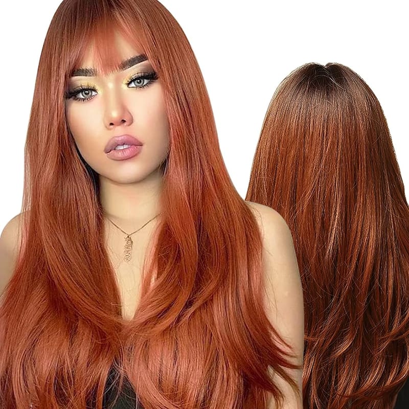 Long Wig with Bangs for Women Natural Synthetic Hair Wig Heat Resistant Fiber Auburn Wig for Daily Party