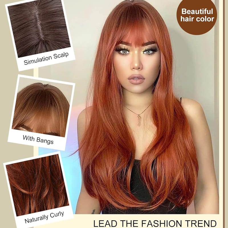 Long Wig with Bangs for Women Natural Synthetic Hair Wig Heat Resistant Fiber Auburn Wig for Daily Party