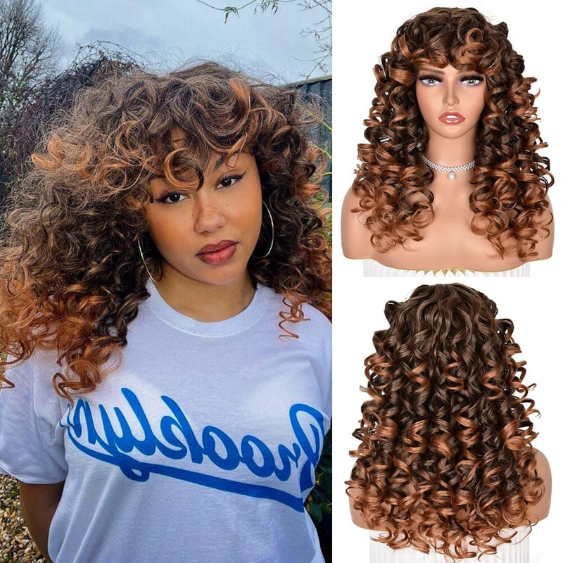 Ombre Brown Curly Wigs for Black Women Long Curly Afro Wig with Bangs for Women